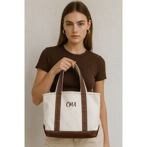 L.L.Bean Boat and Tote Canvas Bag Small White Brown Monogram CMA Made in USA